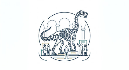 Dinosaur skeleton illustration with museum visitors. © Dne