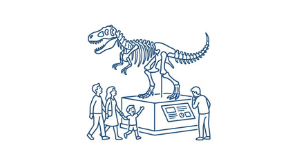 Dinosaur skeleton exhibit with children observing closely. © Dne