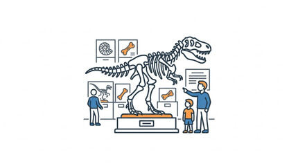 Dinosaur skeleton exhibit with museum visitors observing. © Dne