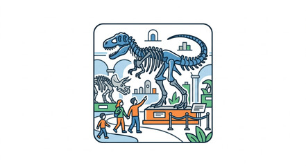 Dinosaur Skeleton Exhibit with Visitors in Museum. © Dne