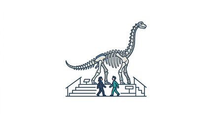 Dinosaur skeleton exhibit with visitors observing closely. © Dne