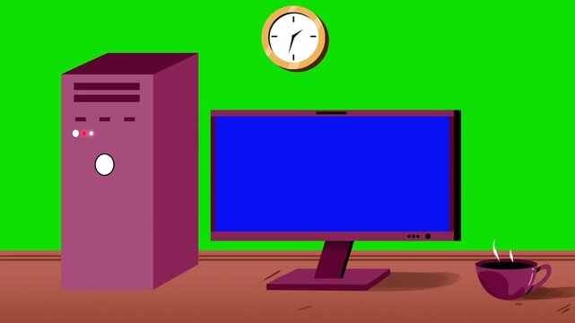 Desktop Computer Workspace with Blue Screen Monitor on Green Screen Animation