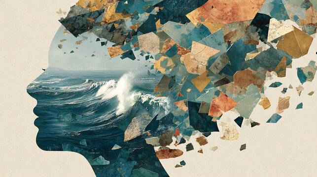 Abstract human silhouette with ocean waves and fragmented shapes, symbolizing emotional turbulence, mental health, resilience, healing, inner strength, recovery and personal transformation.