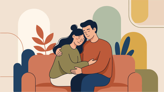 Romantic young couple hugging on sofa, happy man and woman embracing at home, flat vector illustration of love and relationship