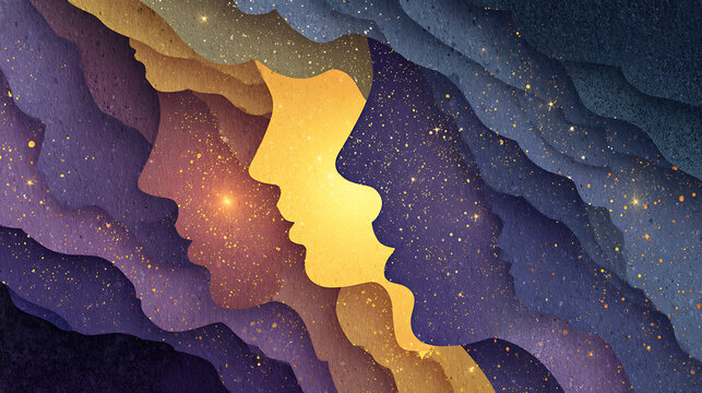 Abstract paper cut illustration of human profiles and inner mind, symbolizing mental health, emotions, self awareness, psychological balance, connection, healing and personal growth.