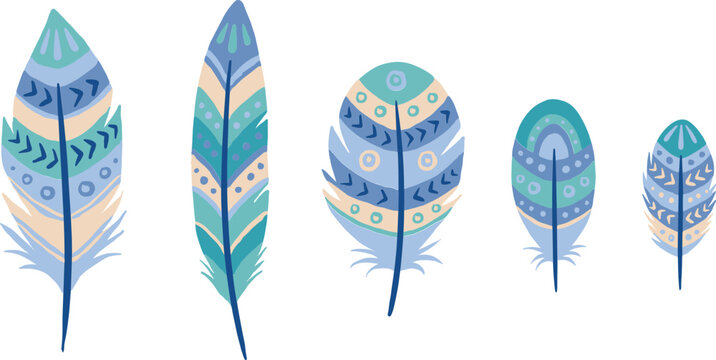 Boho Ornamental Bird Feather Vector Set with Blue and Turquoise Geometric Tribal Patterns for Ethnic Decorative Graphic Designs