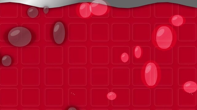 Red fluid surface with floating circular droplets and grid pattern