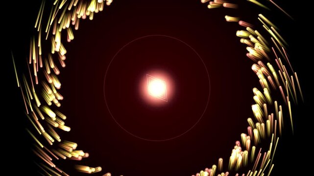 Abstract Golden Light Particles Exploding from a Glowing Geometric Center