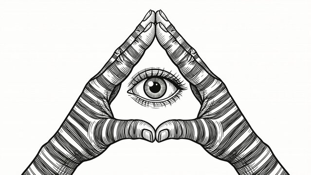 An eye in a triangle shaped by hands, symbolic and mystical style, line art illustration, AI generated