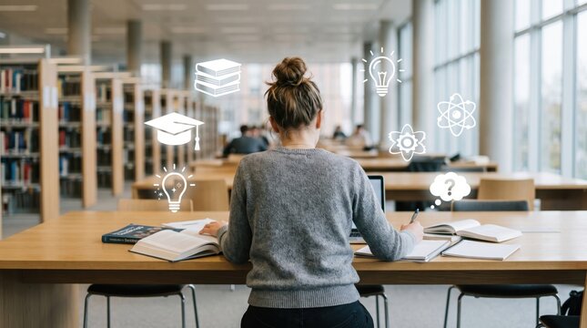 Student studying in library with books and icons representing education, learning, science, ideas, graduation cap symbolizing academic success and knowledge acquisition process.