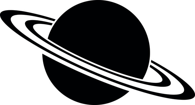 Black silhouette vector illustration of Saturn planet with rings, astronomy symbol, celestial body artwork, space exploration design, educational science icon