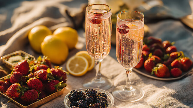 Refreshing sparkling mocktails with fresh strawberries, blackberries and lemon on a cozy picnic setting, celebrating healthy lifestyle, mindful drinking, natural ingredients and summer gatherings