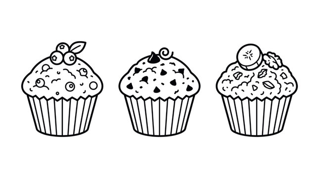 Three assorted muffins with fruit and chocolate chip toppings.