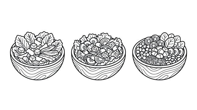 Three different healthy salad bowls with fresh greens.