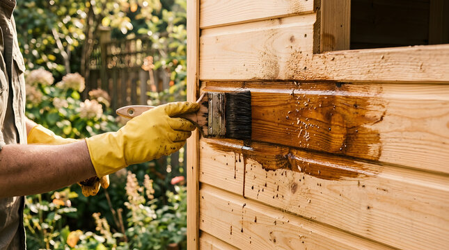 Worker Painting Wood Preservative Protective Stain on Outdoor Wooden Shed Wall