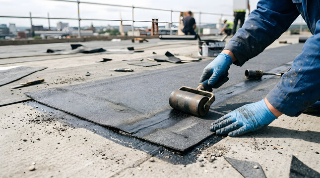 Roofer Pressing Bitumen Waterproofing Membrane with Roller on Flat Roof