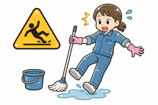 床をモップ清掃中に滑って転びそうになる女性作業員のイラスト
