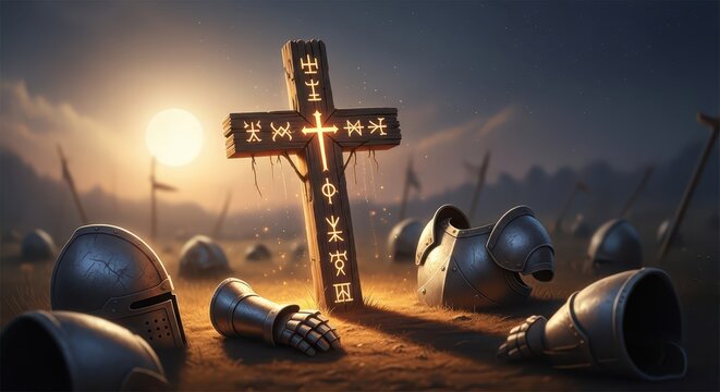 Medieval Battlefield Aftermath: Knights' Armor and Cross at Sunset, Evoking Sacrifice and Victory