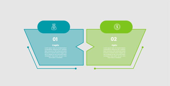 capex vs opex infographic template with trapezoid shape with round rectangle badge on top with 2 points comparison flat style