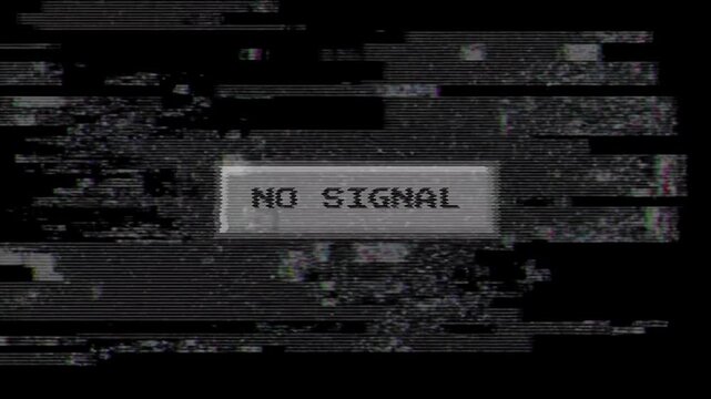 Abstract digital screen displaying 'NO SIGNAL' message amidst severe electronic static and corrupted data distortion, conveying a sense of technological malfunction and disconnection