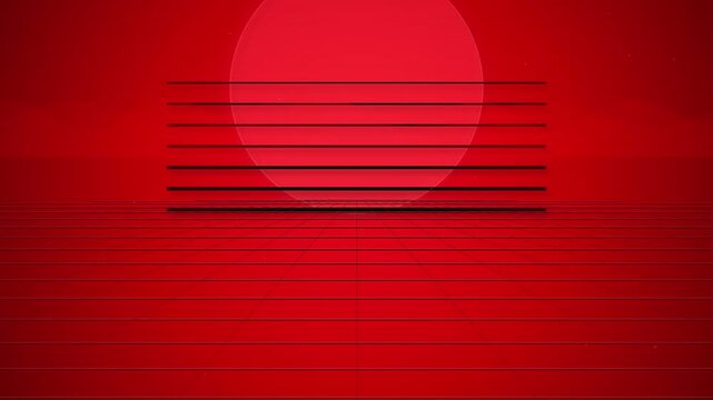 Red retro synthwave landscape with glowing sun and digital grid horizon