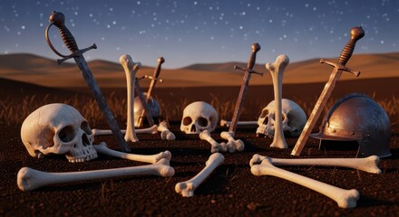 Fototapeta premium Medieval battlefield scene with skulls, bones, swords, and helmet under a starry night sky
