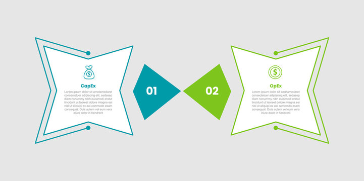 capex vs opex infographic template with shuriken star shape opposite direction with arrow pointer with 2 points comparison flat style