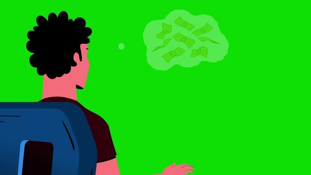 Cartoon Man Dreaming of Money in Thought Bubble on Green Screen Animation