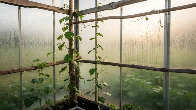Greenhouse Interior with Climbing Vegetable Plants and Morning Condensation