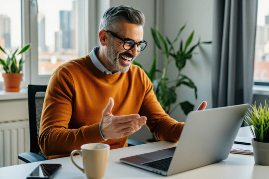 Happy mature businessman wears orange sweater, glasses. Man sits at office desk using laptop for video call. Person gestures talking to colleague during web conference. Laughs during online