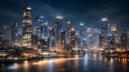 Fototapeta premium Modern city skyline at night. Glowing skyscrapers reflecting on the river water.