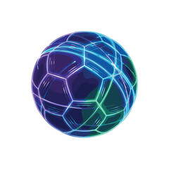 Naklejka premium A futuristic glowing soccer ball with neon blue, green, and purple hexagonal patterns on a dark background, representing digital sports or technology.