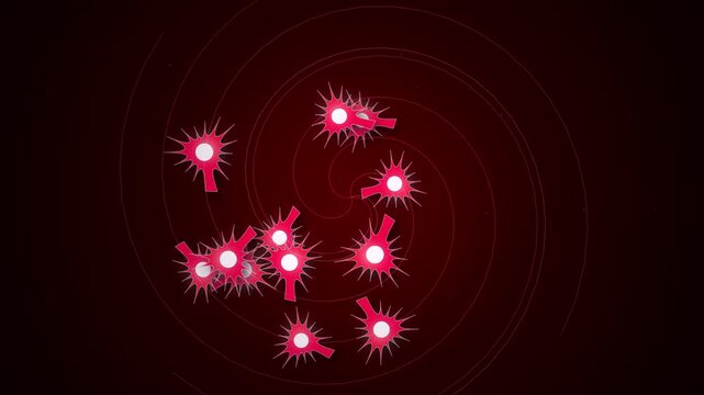 Red viral cells multiplying in a microscopic spiral motion animation
