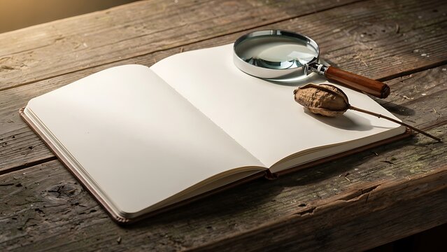 Open Botanical Observation Journal With Magnifying Glass on Rustic Wooden Desk