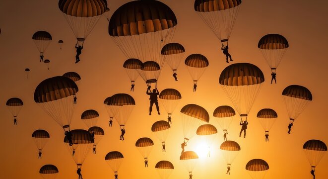Massive Group Of Parachutists Descending Under Open Canopies Against A Dramatic Sunset Sky