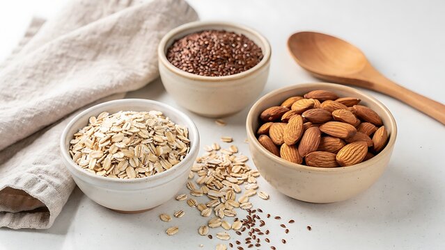 Whole Oats, Almonds and Flaxseed in Ceramic Bowls Healthy Plant Based Ingredients