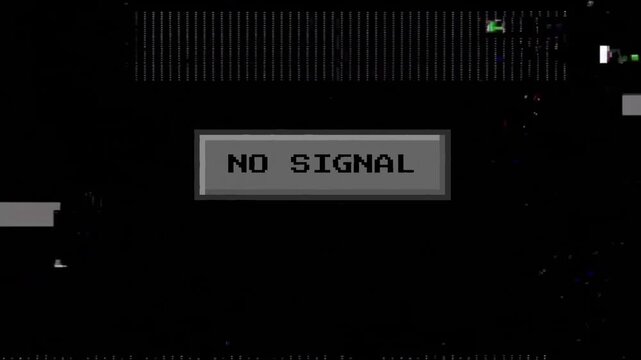 A 'NO SIGNAL' message dominates a dark, glitch-filled screen, evoking a lost connection or broadcast error with heavy static, pixelation, and digital interference