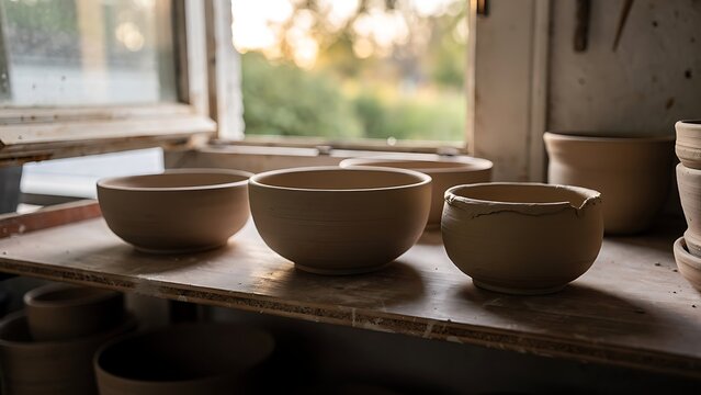 Handmade Ceramic Bowls Cooling in Pottery Workshop With Warm Natural Light