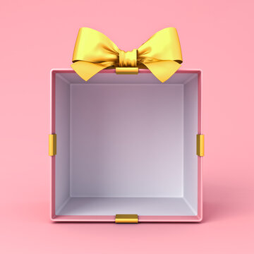 Blank pink gift box mockup exhibition booth products display stand showcase or opened present box tied with gold ribbon bow isolated over pink pastel background creative idea conceptual 3D rendering