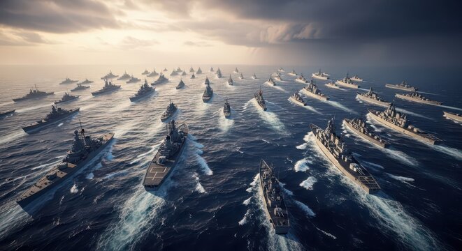 Massive naval fleet formation sailing in formation at sea, aerial view, dramatic sky, power projection, military exercise