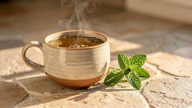 Hot Herbal Tea With Fresh Mint Leaves in Warm Morning Light