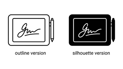 Digital Signature Duo: An outline and silhouette version of a digital signature pad with a stylus, showcasing two contrasting graphic representations of electronic signing technology. © Mehrab