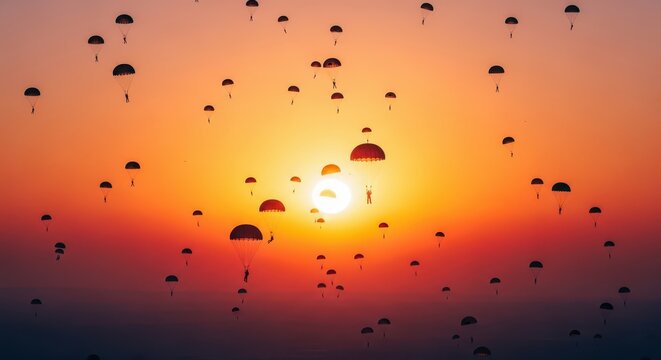 Massive parachute jump at sunset, silhouettes of skydivers descending against a vibrant orange and red sky