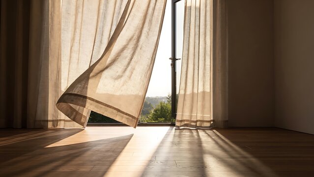 Natural Linen Curtains Flowing in Sunlit Open Window Interior