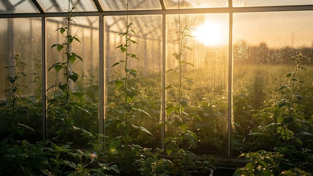 Sunrise Light Through Condensation Covered Greenhouse Glass With Healthy Growing Plants
