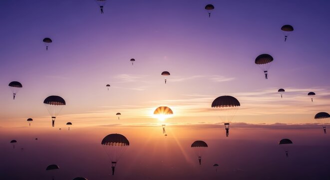 Massive paratrooper landing at sunset, multiple parachutes descend against a vibrant purple and orange sky