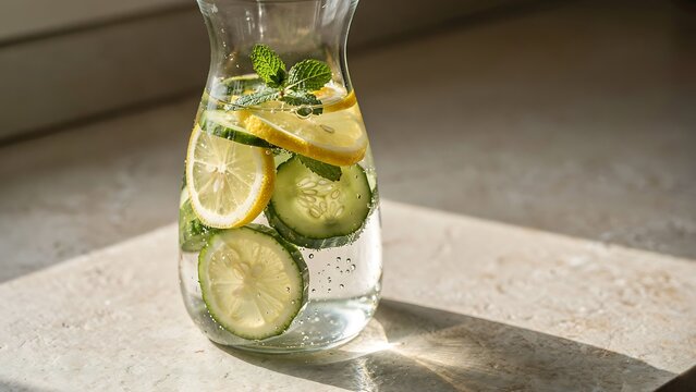 Fresh Lemon Cucumber and Mint Infused Water in Glass Carafe
