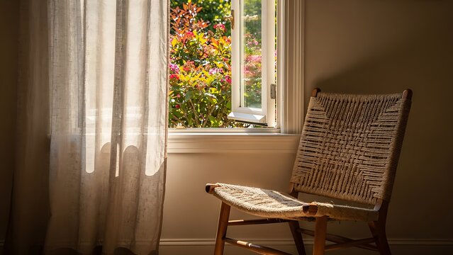 Cozy Woven Chair Beside Open Window with Sunlit Garden View