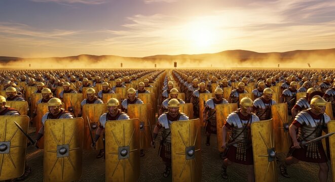 Massive Roman Legion Army Formation Marching at Sunset with Golden Shields and Helmets