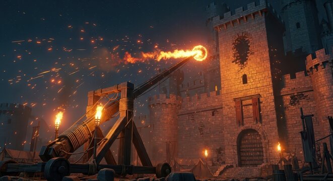Medieval Catapult Launching Fireball at Stone Castle at Night, Dramatic Battle Scene with Sparks and Torches